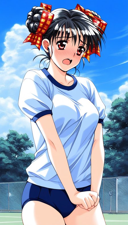 score_9, score_8_up, score_7_up, source_anime, rating_explicit, BREAK  <lora:Narusawa_Yui_XL:1> NarusawaYui, black hair, double bun, hair ribbon, plaid ribbon, medium breasts, red eyes, 
dark blue buruma, blush, white gym uniform, open mouth, cowboy Shot,
full-face blush, sad, outdoor, sky,
open mouth,
1990s (style)