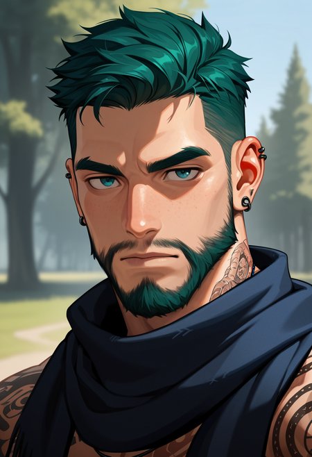 masterpiece, best quality, high quality, amazing quality, very aesthetic, high resolution, absurdres
solo, looking_at_viewer, short_hair, 1boy, brown_eyes, jewelry, closed_mouth, upper_body, male_focus, earrings, green_hair, scarf, blurry, lips, tattoo, blurry_background, facial_hair, piercing, thick_eyebrows, ear_piercing, portrait, beard, nose