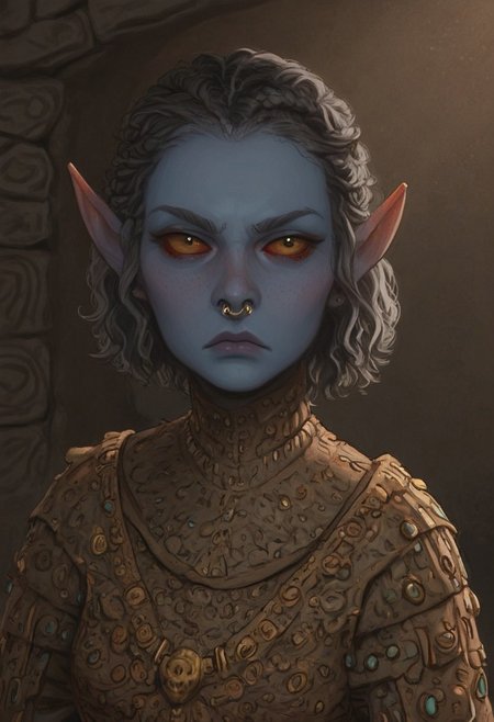 safe_pos, solo, short pointy ears, piercings, random elf face, aquiline features, female dark elf, brow rings, nose rings, beaded piercings, weathered skin, large nose, insect chitin armor, insect chitin helmet, insect chitin ornaments, stylized insect pattern, athletic build,  animated realism, zoomed out, Syrian features, torso, brass pipes and gears, intricate architecture, dwarven masonry, dwemer fixtures, white-green light, gloomy lighting, ancient ruins, interior, stone tiled floor, grey-blue skin, mahogany and ivory clothes, medium armor, bone plate armor, ivory straps and fittings, alien bone ornaments, grey wood neckguard, red sclera, black pupils, blue-green light, neon, highly detailed, defined features, looking at viewer, three quarters view, from above, dynamic lighting, 19 years old, light and shadows, patterned cloth, annoyed expression, expressive eyes, detailed medieval clothes, medium_breasts, short hair, wavy hair, thick hair, beaded hair, braided hair, under cut hair, semirealistic, alien elf, spanish features, jewish features, white grey hair, dark red hair, umber skin, sharp features, pastel green inuit print cloak, nighttime, high detail, absurdres, pretty eyes, detailed eyes, yellow eyes,