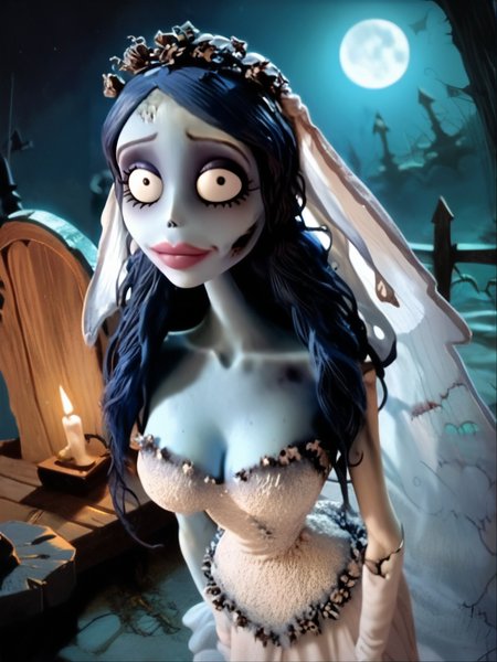 score_9, score_8_up, score_7_up, 1girl, sitting on bench, looking at viewer, cowboy shot, detailed background, dynamic pose, dynamic angle, leaning forward, cute pose, graveyard, moon, night, from above, 
 <lora:EmilyXLP_character:1>, EmilyXLP, colored skin, blue skin, black eyes, long hair, makeup, blue hair, wedding dress, bridal veil, cleavage, narrow waist, cracked skin, monster girl, zombie, screencap, realistic