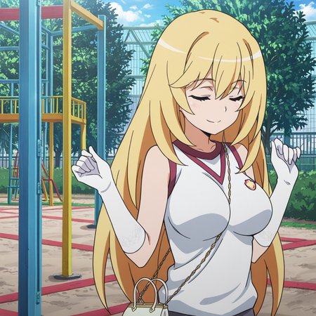 nsfw, masterpiece, best quality, amazing quality,1girl, solo, index_railgun_shokuhou_misaki, tokiwadai school uniform, smile, sleeveless gym uniform, sleeveless shirt, blonde hair, long hair, large breasts, closed eyes, white gloves, between breasts, elbow gloves, strap between breasts, handbag, closed mouth, hands up, outdoor, playground, <lora:Shokuhou_Misaki_-_Index_Railgun:0.7>