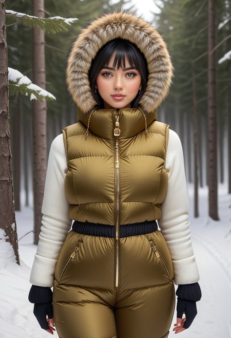 ((((puffer padded jacket)))), ((((puffer padded coat)))), ((((full body)))), ((((fur boots)))), ((((puffer pants)))), ((((puffer hood up)))), winter, snow, forest, 1girl, solo, (masterpiece), detailed face, detailed eyes, (beautiful detailed eyes:1.5), sidelighting, (super detail, hyper detail, intricate_details, detailed), (semi realistic:1.6), (Bob cut), blunt bangs,(black hair), (purple eyes, eyelashs), tanned skin, smug smile, angry face, Golden jewelery, golden rings, golden necklace, golden armlets, golden chains, padded collar, Thick padded collar, <lora:Collar-SDXL:0.6>, <lora:cropped_puffer_vest_v2:0.4>, <lora:snowpants_v1:0.4>