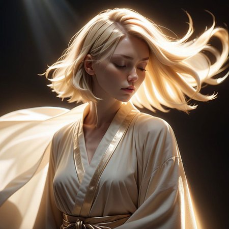 ((8k, best quality, masterpiece, extremely detailed, Rule of thirds)), (((light play, shadow play))), ((abstract background)), ((glamour photography)), ((cinematic, film grain)), ((anime aesthetic)), ((provocative)), ((soft light passing through hair)), ((short blond hair, floating hair)), ((cleric, cleric-robes, flowing robes, sheer, holy-light)), ((dynamic pose)), radiant-aura, profile-shot, close-up, eyes closed, reflective, shiny,