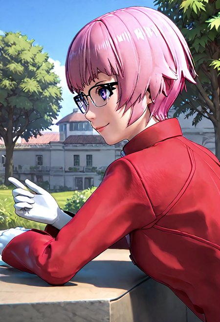 <lora:sdxl_lightning_8step_lora:1> <lora:Fixhands_anime_bdsqlsz_V1:1>score_9, score_8_up, score_7_up, source_anime, intricate details, perfect anatomy BREAK
1girl, solo, gis-esakipurin, pink hair, short hair, purple eyes, black-framed eyewear, red coat, white gloves, gis-esakipurin outfit, brown pantyhose, black boots,
from side, on stomach, Happy,  wide smile with raised cheeks and crow's feet around the eyes., outdoors, 
<lora:gis-esakipurin_XL(pony)fix:0.9>