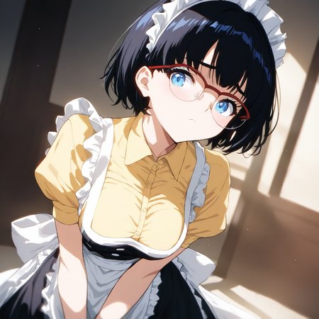cowboy_shot,masterpiece,high score,great score,absurdres,<lora:Arisu_Kurata ag4o v1:1> arisu, black hair, short hair, glasses, blue eyes,maid,yellow shirt,