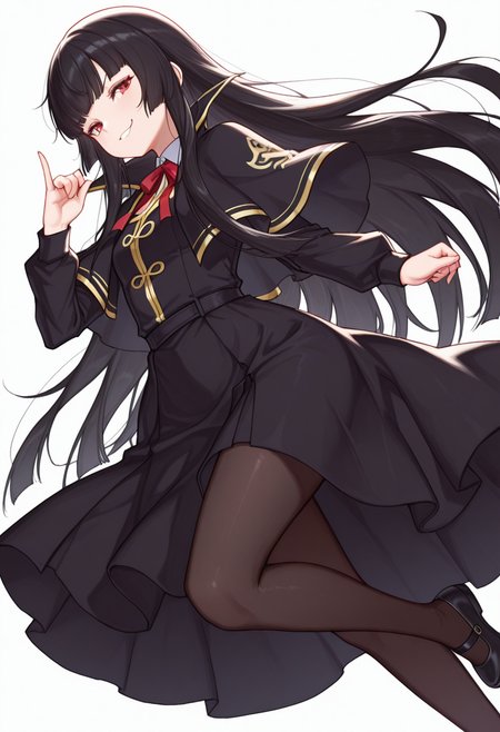 Smooth Quality,masterpiece,very intricate, high quality details, ultra realistic, high detailed skin,detailed enviorement,absurdres,
pinky out,
 <lora:Atre_CNR:0.8> atre_cnr, 1girl, black hair, very long hair,blunt bangs, red eyes,black dress,black capelet, pantyhose, long sleeves, ribbon, shoes,, simple background, white background, dutch angle,solo,, troll face,