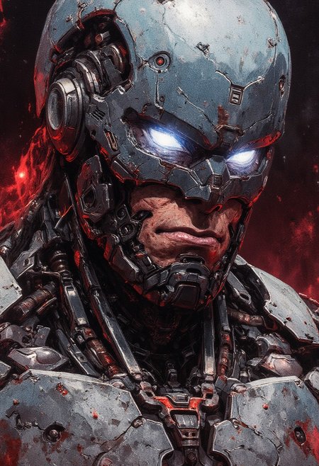 ((A close-up portrait)) Robocop, a dilapidated cyborg with mechanical armor, stained with blood and dust. Detailed metal textures, . Futuristic dystopian atmosphere, aggressive lighting with cold glare. Darksyber aesthetic, photorealistic style
