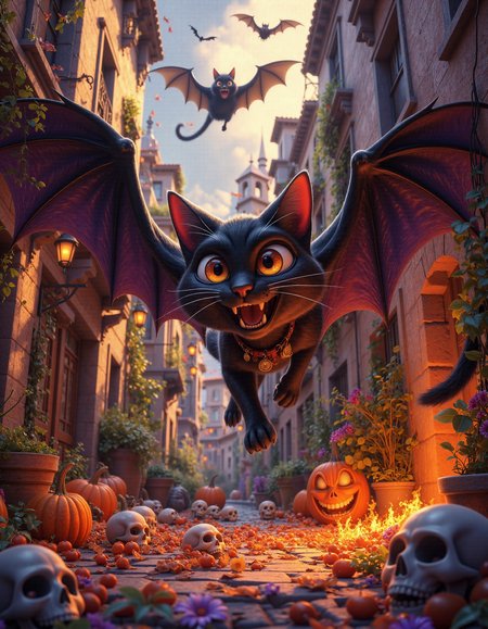 Halloween themed, earie painting of a black cat mixed with a black bat flying around a back alley, <lora:sxz-Dark-Fantasy-v2-Flux:0.8> drkfnts style, few skulls are scattered in the air covered in fire, skulls are laughing,  <lora:Cute_3d_Cartoon_Flux:.6>