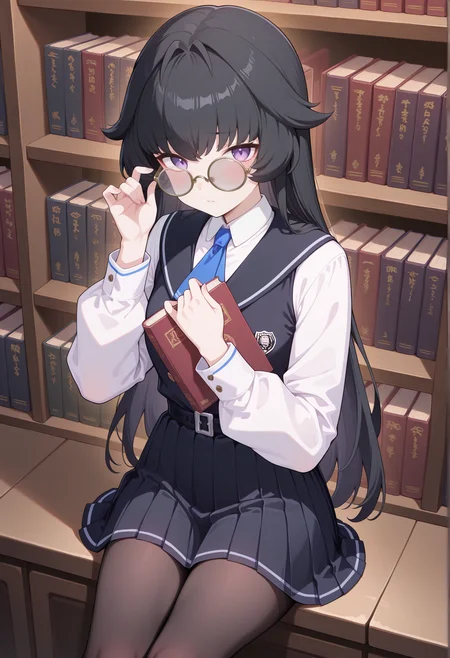 1girl,  long hair, black hair, purple eyes, glasses, round eyewear, school uniform, vest, ascot, belt, pleated skirt, pantyhose, sitting, library, holding book, fixing eyewear, holding doujinshi, looking at viewer <lora:ellens_friends:1>, masterpiece, best quality, amazing quality, very aesthetic, absurdres, highres, newest