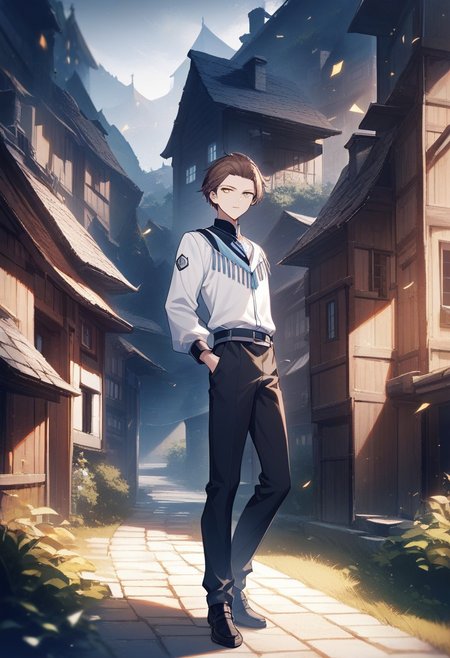 (best quality, masterpiece), 1 boy,18 years old, medieval village, dark mood, Arrogant,
brown hair,textured fringe, no bangs, blue and white color student uniform, full body,
 , looking at viewer, Unobtrusive golden eyes, Dull golden eyes,