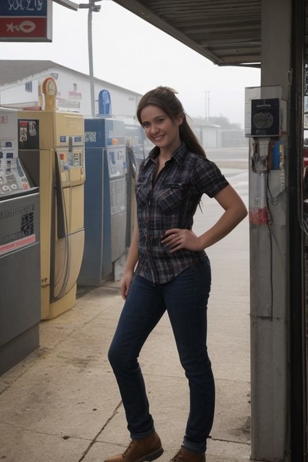 30yo American woman wearing flannel shirt and jeans
Dynamic varying pose.
Gas station. Night time.
Fog.
Dark smooth long hair ponytail. smiling.
Looking at camera.
Full body.