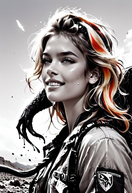 score_9, score_8_up, score_7_up, Realistic, cinematic shot, selective color, monochrome background, grayscale, 4k, Gadget, side view,
(((Girl petting an alien, hetero, cross species, inter species))), 
(1boy, large alien, alien species, strong animal, non-humanoid, slime, chitin, antennae,  tentacles),
18yo, blonde, red front highlights, perfect face, stunning, breathtaking face, detailed face, perfect teeth, expressive eyes, extremely cute, medium boobs, round stomach, sexy, partial nudity,
Pear-shaped figure, short female, stocky, perfect round butt, wide hips, narrow waist, strong legs, thick thighs, long legs, short torso, narrow shoulders, 
Work clothes, space mechanic outfit, thick cargo pants, midriff, 
Detailed background, black and white background , alien desert, alien desert flowers, alien fauna, impossible landscape, two moons, outdoors, open space, 
highres, absurdres, in focus, hetero,
easynegative, CyberRealisticPony_POSV1, Stable_Yogis_PDXL_Positives, negative_hand, ALRGFC, alluring face, realistic, Gadget, SelectiveColorStyle, 1colorpop, 2colorpop