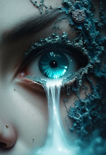 Jeddblexpsre,double exposure,  Use a close-up tear with a waterfall streaming within, symbolizing release, healing, and transformation