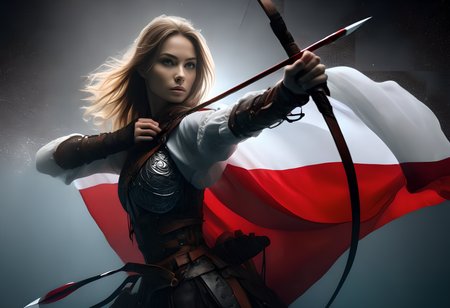 a beautiful polish archer jumping out of the water wrapped in the polish flag. in one hand she holds a royal scimitar sword, on her shoulder a pukler with an emblem, inkpunk style,thematic background, side light, rim lighting, studio lighting, ultra quality, sharp focus, film grain, Fujifilm XT3, highly detailed glossy eyes, high detailed skin, skin pores, winter, snowing,
dark fantasy, romantic,dynamic fighting pose,,natural pose, dark fantasy style, raw, uhd, dslr, em 80mm, dslr, hdr, , cinematic shot, dark fantasy, style,raw photo, glowing neon fog, dslr, raw, 16k UHD,
<lora:sdxl_lora_archer:0.9>  <lora:PerfectEyesXL:0.8> perfecteyes