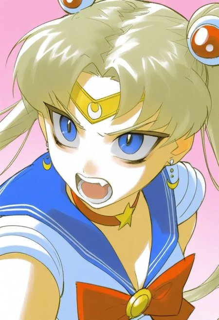 v1nn13,  solo, fisheye view.
sailor moon, blonde hair, blue eyes, open mouth, aggressive, surprised, angry. 
pink background