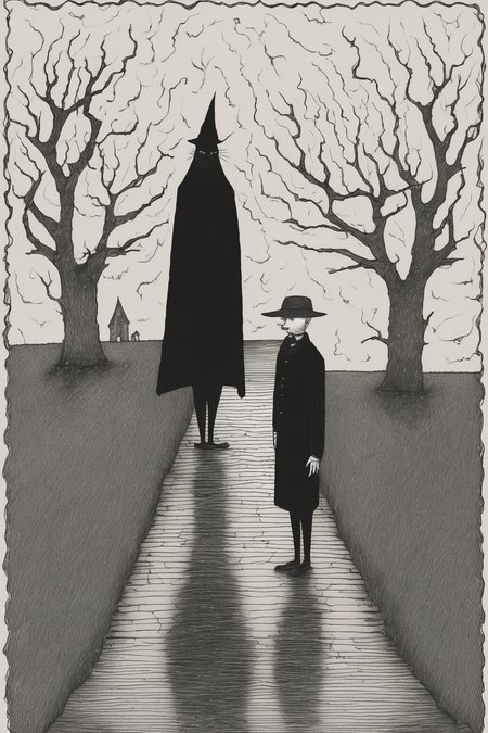 John Kenn Mortensen Style - a very simple symmetrical storm in the style of Edward Gorey