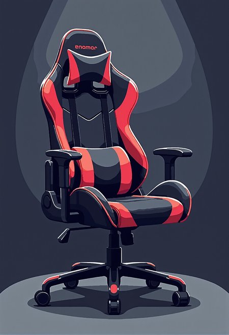 v3ct0r style, simple flat vector art. A modern ergonomic gaming chair with sleek contours and vibrant accents, designed for maximum comfort. The chair features bold, angular lines, with bright, eye-catching inserts along the backrest and seat that contrast sharply against the matte black frame. The armrests and base are minimalistic yet stylish, emphasizing functionality and aesthetics. Set against a gradient dark grey background to enhance the striking design and vibrant details.