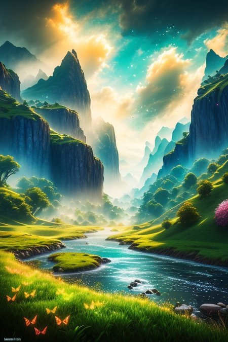 ((masterpiece)), ((best quality)), 8k, ultra-detailed, vibrant fantasy valley with a river winding into the distance, the camera positioned on top of a hill overlooking the majestic landscape, lush green fields, and rolling hills stretching as far as the eye can see. The scene is filled with vibrant, high-contrast colors, illuminated by magical lighting, with floating particles and glowing wisps of magic drifting through the air. Butterflies flutter around, and exotic birds with radiant feathers fly above, their wings catching the light. The river shimmers as it snakes through the valley, reflecting the vivid sky and glowing clouds. The atmosphere is mystical and enchanted, with ethereal light filtering through the mist. The environment feels alive with magic, glowing flora and sparkling air, exuding a sense of wonder and awe. Artistic composition, cinematic framing, breathtaking detail, and a serene, otherworldly fantasy world.
fantri, easynegative, OverallDetail