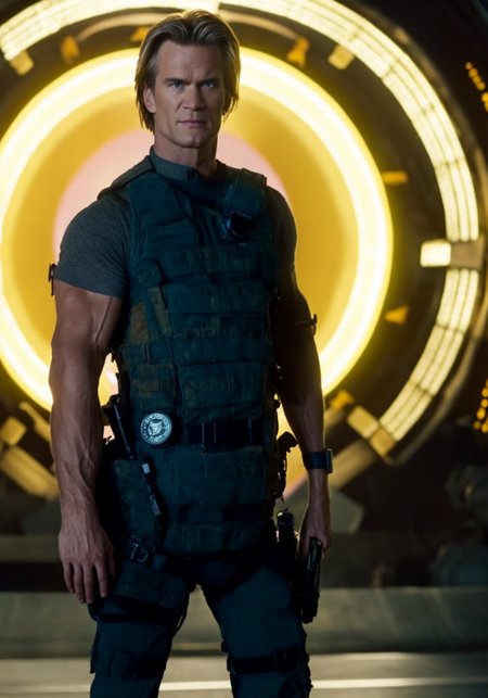 Full Portrait of ([MacGyver|Richard Dean Anderson]:1.2) standing in front of a Ghould (Stargate:1.2), part of team SG-1, (cinemahelper:0.8)