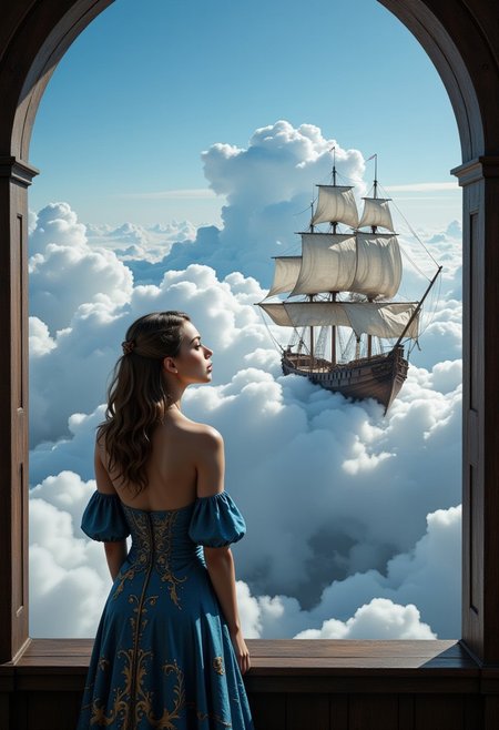 score_9, score_8_up, score_7_up, realistic, petite, (big beautiful eyes:1.2), gorgeous girl, slim body, small perky breast, 8K, Masterpiece, best quality, 1 girl, 25 years, solo, blue eyes, fantasy, a beautiful woman stands in front of a huge panoramic window. She wears a floor-length elf-like dress. blue with filigree golden patterns. off the shoulder. She looks out the window and looks at the view with fascination. Gigantic clouds can be seen outside the window. A huge wooden ship can be seen in the clouds. It looks as if the ship is gliding through the clouds. high resolution, Dutch angle, dark theme, Midjourney style, Anke, focus on the ship