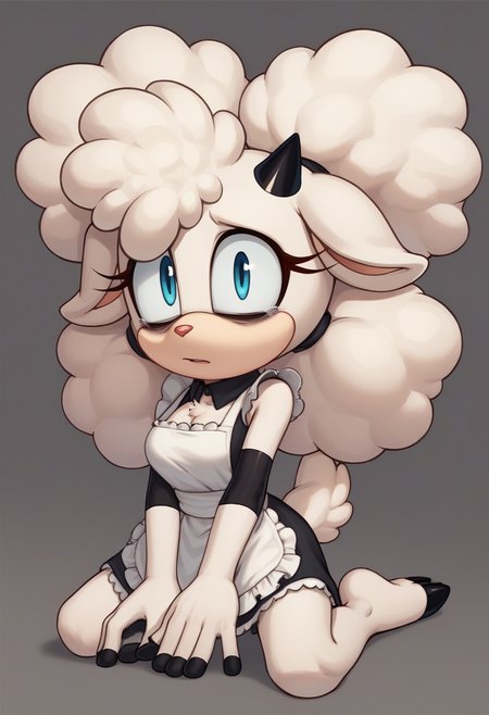 score_9,score_8_up,score_7_up, <lora:lanolinsheep5-08:0.9>, 1girl, lanolin the sheep, white hair, afro puffs, two-tone fur, beige fur, white fur, black elbow pads, single horn, eyelashes, sheep tail, sheep ears, blue eyes, medium breasts, red nose, black nails, maid, kneeling, bags under eyes, white apron