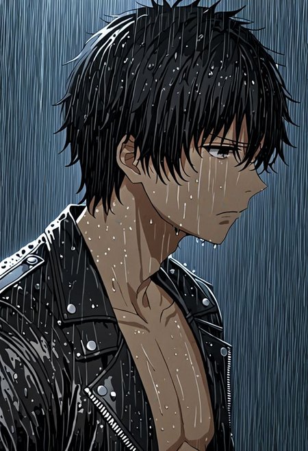 high resolution, solo, best quality, 1Boy, Seiya Kanie, black hair, short hair, thin, heavy rain, night, looking down, sad, leather jacket, looking away, wet, wet hair, OverallDetail