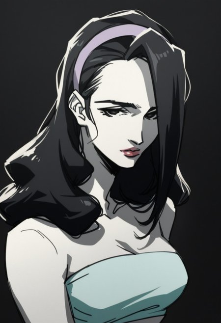 score_9, score_8_up, score_7_up, portrait, Stylized digital painting of Marnie, 1girl, confident, black hair, long hair, black eyes, hairband, lipstick, large breasts, narrow waist, tube top, navel, looking at viewer, black background, high contrast, shadows, charcoal sketch, full lips, bold, striking,