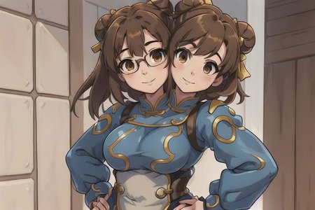 <lora:conjoined_dicephalus:1>,conjoined_dicephalus,(two heads:1.5), 1girl, solo, brown hair, brown eyes, hair ornament, hair bun,  thick, plump, confident pose, hands on hips, looking at the horizon, glasses, fur footwear, friendly face expression, gentle smile, best quality, <lora:meiV2:0.7>  perfect face, perfect brown eyes with white sclera, <lora:Chun-Li_v2.0:1>, bad-hands-5, solo, 1girl, upper body, brown hair, sf2 chun, chinese clothing, smile, wide hips, muscular female, blue clothes, puffy short sleeves, bun cover, sash, sfw, kung fu