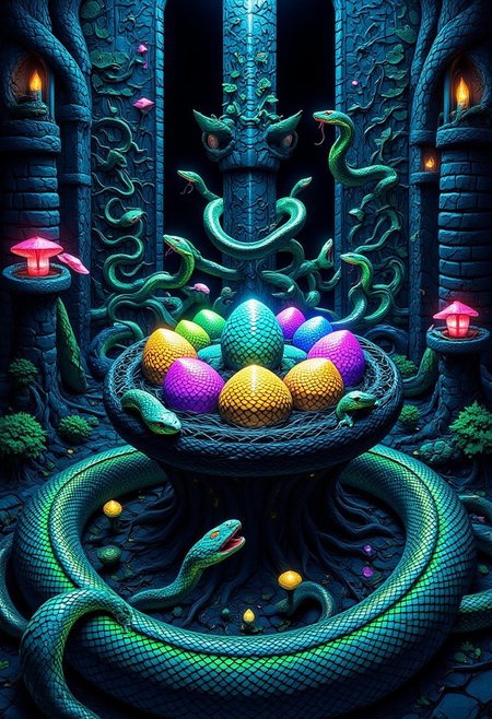 sn4k3, aidmamj6.1, anime, cyberpunk, A mystical snake cave glows with eerie light, its walls etched with ancient serpent carvings. At the center, a massive nest of woven roots and shimmering scales cradles magical snake eggs, each pulsing with otherworldly hues—gold, blue, purple, and green, like miniature galaxies. Bioluminescent fungi and glowing crystals cast a surreal glow, while serpents slither protectively around the nest. The air hums with ancient power, mystery, and the quiet hiss of unseen guardians.