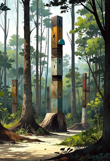 ppstorybook, 
(Bio-Sonic Sculptures – Singing Trees of Aeolia)
A grove of sculpted metallic trees embedded with AI-driven sensors that "listen" to the wind and generate sound frequencies in response. Each tree produces different harmonic tones, creating an ever-evolving symphony of nature and machine.