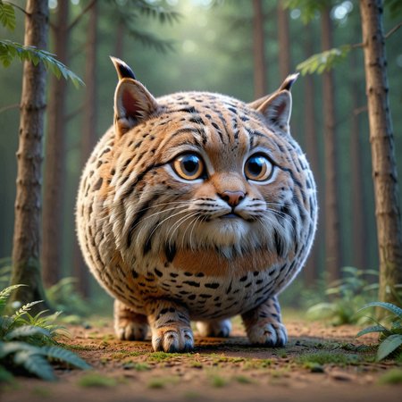 3D render of a sphrml spherical round  bobcat in a forest<lora:spherimal:1>