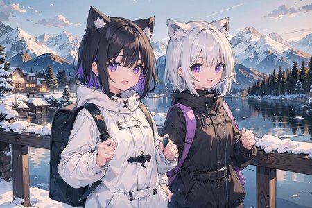 (masterpiece),  (2girls:1.2),  black hair,  silver hair,  medium hair, short hair,  multicolored hair,  yellow eyes,  purple eyes,  medium breasts,  winter,  casual,  cat ears,  smile,  open mouth,  backpack,  scenery