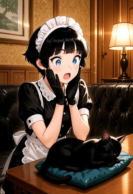 general,highres, ultra-detailed,very aesthetic,best quality ,best hands,masterpiece, best quality, newest, highres, (score_9, score_8_up, score_7_up), Enchanting Eyes, BREAK solo, 1girl, black hair, ((short hair)), hime cut, blunt bangs, (blue eyes), small breasts, ,open mouth, surprised, sparkles around head BREAK maid, apron, maid headdress, black dress, black gloves  BREAK indoors, table, black cat, cat sleeping, cat curled up, cute cat, fluffy cat, cat on cushion, hands on own face, animal focus, upper body, depth of field, back-lighting, dynamic angle, cowboy shot,