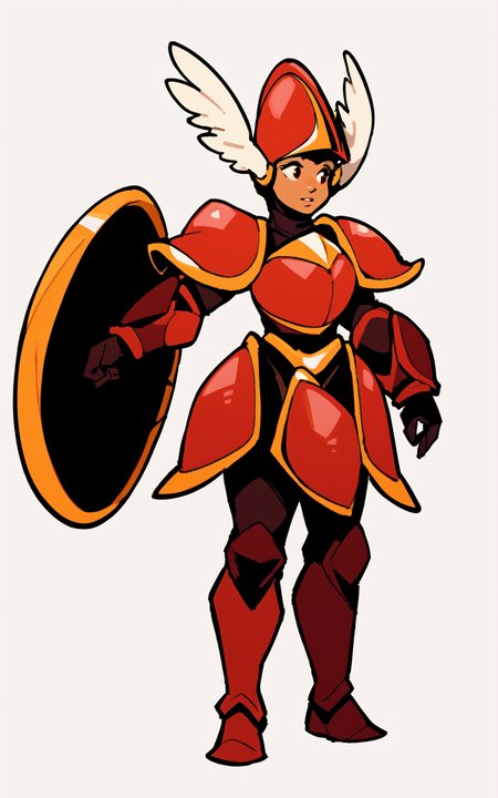 score_9, score_8_up, score_7_up,((best quality)), absurdres, ((full body)), <lora:BolivanteStyle:0.8>,   <lora:SKSKPXL:0.8>,SKSKPXL,boots, armor, helmet, head wings, shield, winged helmet,breastplate,shoulder armor,red armor, white background,female