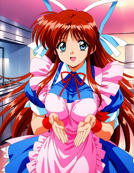 general,highres, game cg, ultra-detailed,very aesthetic,best quality ,best hands,  BREAK <lora:Hinomori_Azusa_OVA_IS:1> 1990s \(style\),anime coloring, open mouth,
Hinomori_Azusa_OVA, 1girl, very long hair, brown hair, white ribbon, blue eyes, hair ribbon, breasts, bangs, 1990s \(style\),anime coloring, 
solo, wristband, apron,  bow, short sleeves,  blue maid, frills,  smile, blue dress, looking at viewer, red ribbon, pink frill,
