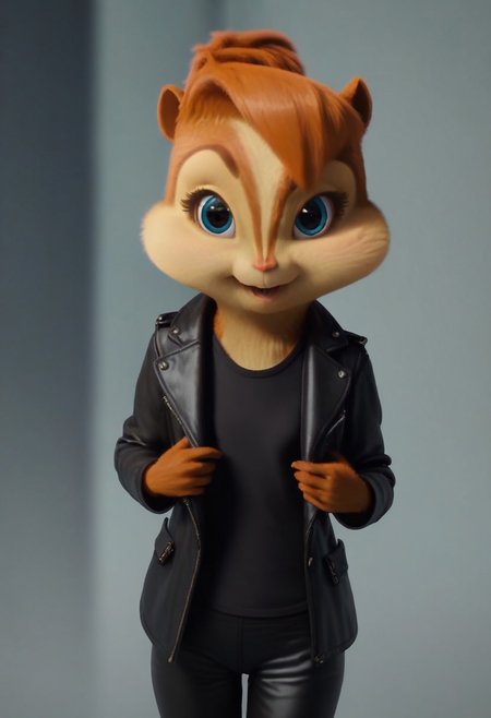 score_9, score_8_up, score_7, score_6, spooky forest, brittany miller, chipmunk, furry, short ears, black shirt, black leather coat, black leather pants, looking at viewer, 6 inches tall