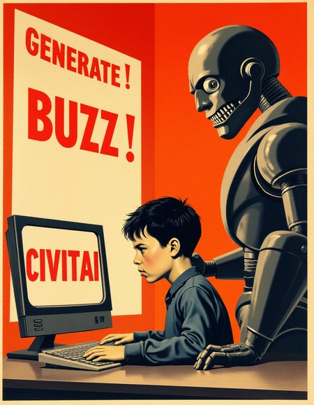 Bauhaus-Style Poster, <lora:Soviet_Flux_2:0.9> , Soviet poster, soviet style, sad boy is sitting at the computer, text on the computer "CIVITAI",angry robot is standing nearby, text on the poster "GENERATE!",  <lora:Hand v2:1> Detailed hands, Perfect hands, Big poster with text "BUZZ" on the wall, simple geometric shapes, clean lines, primary colors, Bauhaus-Style Poster