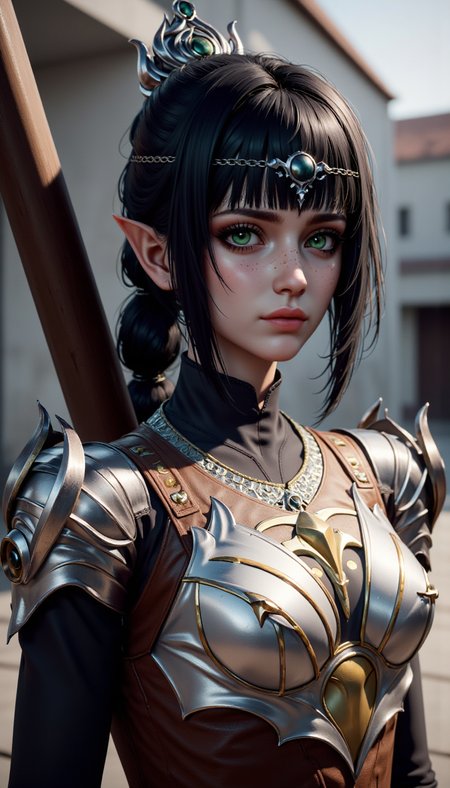 A (photorealistic photograph:1.3) 
of a female character, 1girl, solo, breasts, looking at viewer, bangs, black hair, hair ornament, jewelry, standing, day, sword, armor, green eyes, nose scar, bodysuit, makeup