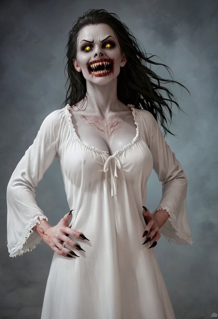 score_9, score_8_up, score_7_up, score_6_up, source_real, source_photo, a 3/4 three-quarters length portrait,very large breasts, white dress, white dress, white dress, white dress, jaws, fangs, jaws, fangs, jaws, fangs, jaws, fangs, possessed witch , possessed witch possessed witch possessed witch possessed witch,deep cleavage,  valak, veins, black veins, veins, 1girl, valak woman , female deep one, valak, source_real, source_photo, in the style of the Exorcist movie, demonic possession from the exorcist, linda blair in the exorcist, a possessed woman, bloodless lips, valak, Body horror, pale body, yellow eyes, long black hair, grey skin, black veins, monster, scary, paranormal, pale, black veins, long tangled black hair, teeth, hands on hips, front view, very pale skin, very pale grimy filthy skin, evil smile, demonic possession. Evil smile, a possessed woman,, yellow eyes, large breasts, hands by side, floating in mid-air, floating above ground, stained filthy white open old-fashioned stained filthy tattered nightgown, stained filthy old-fashioned nightgown, long nightgown,long sleeves, black pupils,  red lighting, bedroom with peeling wallpaper, horror, scary face, monstrous, evil, claws, red lighting, Expressiveh, g0thicPXL, glowing, neon,, zPDXL2, exorcist style