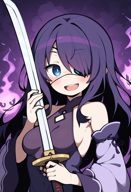masterpiece,best quality,amazing quality,
1girl, solo, weapon, blue eyes, eyepatch, holding, long hair, detached sleeves, sword, purple dress, purple hair, bare shoulders, holding weapon, open mouth, smile, upper body, long sleeves, wide sleeves, dress, holding sword, blush, purple sleeves, hair over one eye, bangs, halterneck, looking at viewer, :d, breasts, sketch,
<lora:AverageHanzo_epoch_10:1>