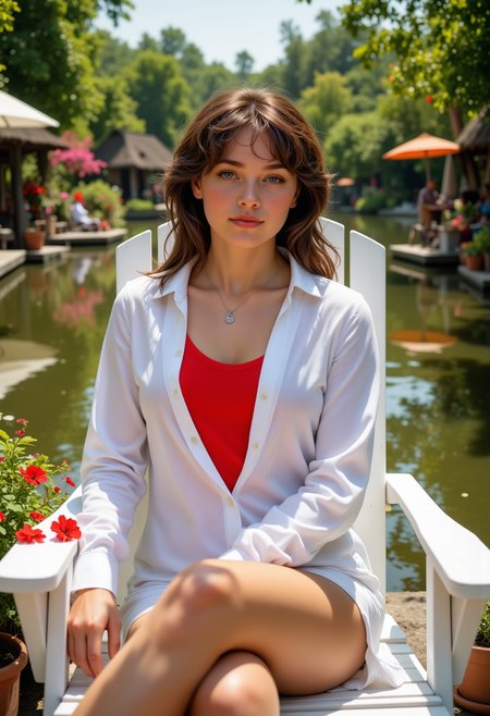 modeling poses, She is approximately 18 years old, she is smiling, dynamic angles, multiple angles,She is looking at the camera, photoshoot poses; a photo of A photo of Av@, wearing a white shirt and red undershirt, a woman with large breasts, she is sitting in a white deck chair, on a dock lined with flower pots, a beautiful pond in the background, The woman has long hair and is wearing a necklace. . The scene is set in a cozy and inviting atmosphere, with the woman being the main focus of the image.  Huge breasts, busty breasts, she has the perfect milf body, thin waist, wide hips, golden triangle, she is posing for the camera with a smile on her face.  Style: realistic hyper-detailed rendering, 32k UHD, expressive eyes, punk, graphic design, girl's face, pretty and cute, gleaming lips, telling a tale of adventure. Exuding confidence and serenity. The overall mood of the image is happy and relaxed,detailed skin texture,(blush:0.2),(goosebumps:0.3),subsurface scattering,with a playful and whimsical tone, niji style, retro50s_style, looking at camera, looking at viewer, looking at camera, she is looking at the camera,
