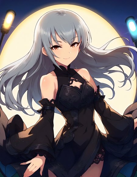 score_9,score_8_up,score_7_up,1girl,solo,cowboy shot,looking at viewer,smile,stage lights,
<lora:takaminenoa_ponyXLV6:0.8>,cgtn,
grey hair,long hair,brown eyes,
black dress,detached sleeves,bare shoulders