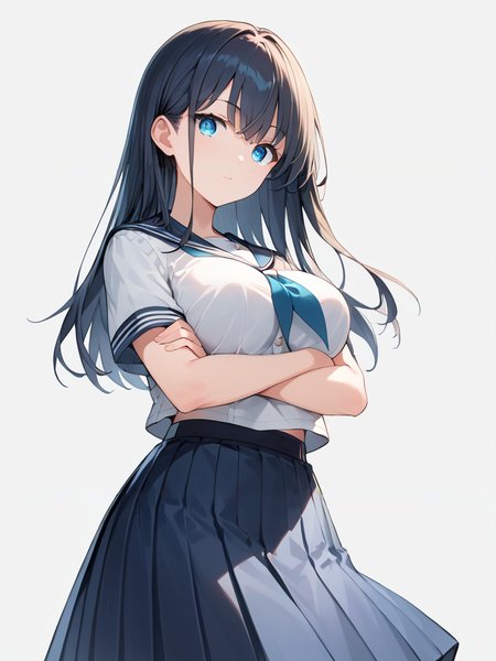 score_9, score_8_up, score_7_up,source_anime, high res image,masterpiece,best quality,(girl:1.3),cute face,clear skin,shiny hair,ultra detailed eyes,simple background,  <lora:crossed arms_pony_V1.0:0.7> crossed arms,serafuku,skirt,standing,large breasts
