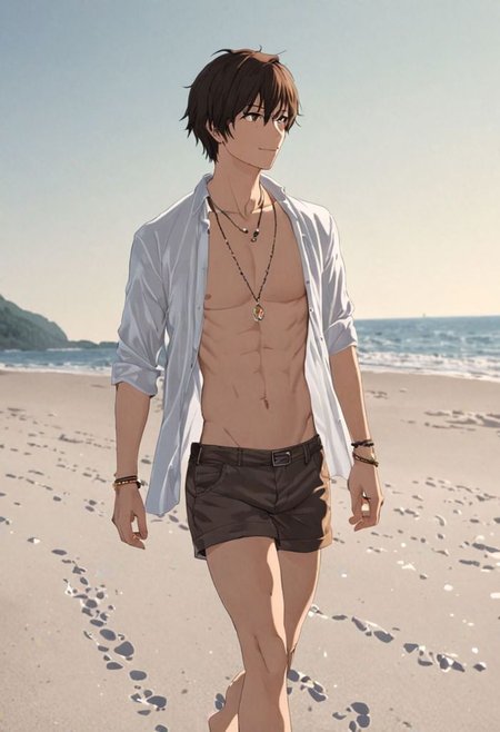 Highres, Masterpiece, High Quality, 4K, 8K, solo, 1Boy, Seiya Kanie, short dark brown hair, golden eyes, beach, calm, white sand, small coral, pebbles, clear sky, quiet, peaceful, walking, candid, breeze, footprints, happy, open shirt, shorts, sixpack, necklace, bracelet, easynegative, detailed_eye_model