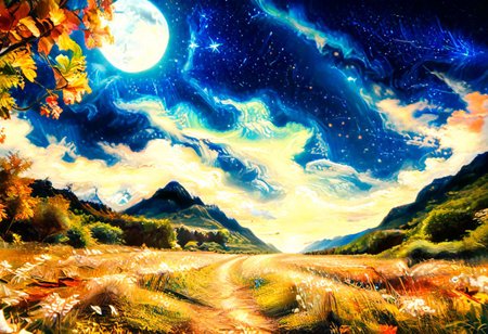 style of Vincent van Gogh, A beautiful landscape with a vibrant night sky filled with twinkling stars, aurora borealis, and a bright full moon. 
starry_morph, 
score_9,score_8_up,score_7_up, rating_safe, beautiful, painterly, detailed, textural, artistic, aesthetic, 
, dreamy, moody, ,