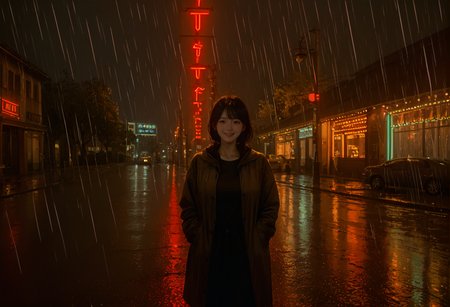 ,ruanyi1204,rain,outdoors,
neon trim,lamppost,dim lighting,<lora:1204 rain_v1_pony:1>, score_9, score_8_up, score_7_up, score_6_up, score_9, score_8_up, score_7_up, score_6_up source_anime, blush, 1girl, seduce smile, perfect body , natural huge breasts