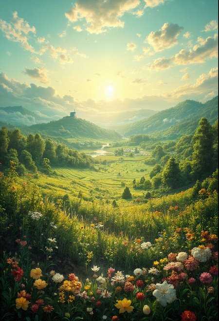 detailed background, from above,( Calm spring morning landscape), beautiful view, Flower Field, lily flower in full bloom, lily flower, early morning, sunrise sky, beautiful clouds, dappled sunlight, 
I can see a windmill in the distance, 
depth of field, masterpiece, best quality, ultra-detailed, very aesthetic, illustration, perfect composition, intricate details, absurdres, moody lighting, wisps of light, no humans,