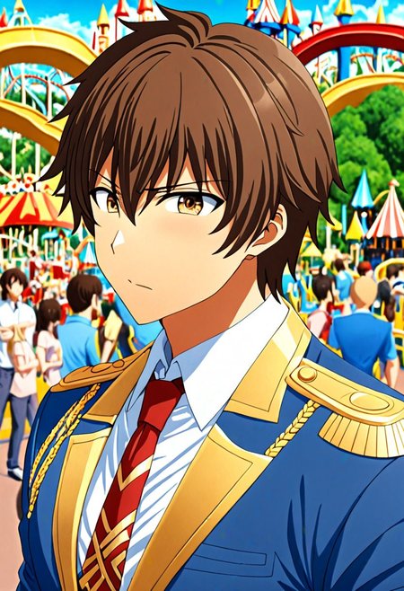 high resolution, solo, best quality, 1Boy, Seiya Kanie, Brownish Hair, Manager, Wihite Shirt, Blue Jacket, theme park, gold aiguillettes, red tie, OverallDetail