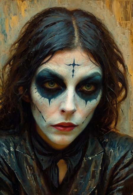 (((closeup painting))) of a female, crouched in an alley, harlequin makeup, tear streaked face, makeup running, brush strokes, impressionistic, (((dream the crow black dream))), horrifically captivating beauty, pale bone white skin, enticing the viewer closer, painted in style of clive barker, inspired with hellraiser like design, dark shot, shadows, dim light , dark light, red and black theme, cold city street, pouring rain, despair, revenge 
BREAK 
Dutch angle, unique perspective, dramatic lighting