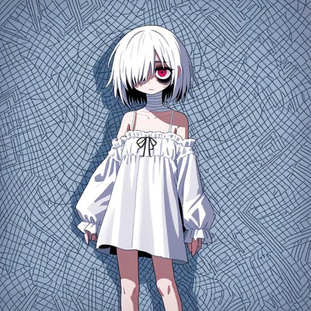 score 9 up, score 8 up, solo,1girl, white hair, hair over one eye, two-tone eyes, pink eyes, red eyes, white clothing, spaghetti_strap, oversized blouse, bags under eyes, mascara, bandaged_neck, bare legs, pigeon-toed, standing, aliasing, breakcore, Digicore, glitchcore, pixelsorting, lineart, distorted, abstract,
